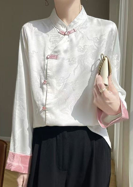 White Button Silk Shirts Stand Collar Long Sleeve AB1037 Genistyle Shop