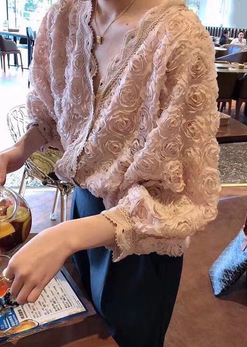 White Button Solid Lace Shirt V Neck Fall WY012 OM-OL241106