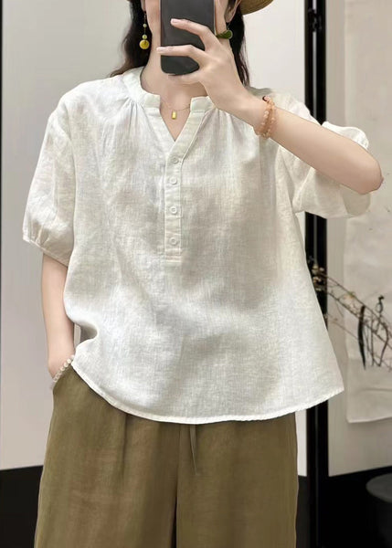 Solid V Neck Linen Summer White Shirts Button FashionChic