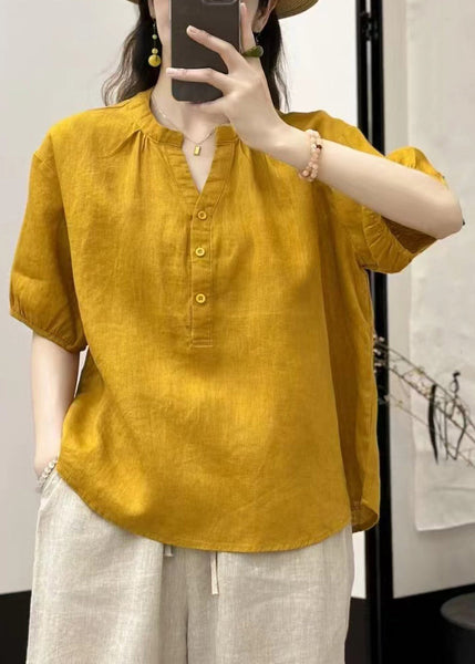 Solid V Neck Linen Summer White Shirts Button FashionChic