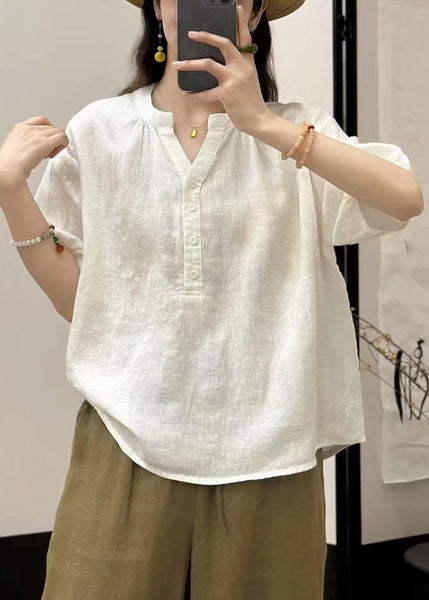 Solid V Neck Linen Summer White Shirts Button FashionChic
