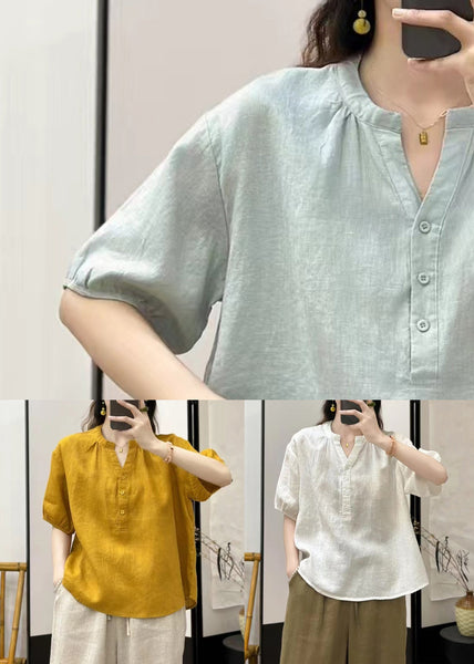 Solid V Neck Linen Summer White Shirts Button FashionChic