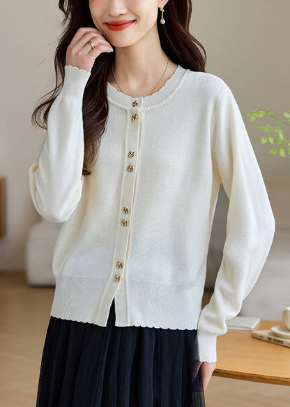 White Button Solid Wool Knit Fall Coats O Neck QV059 OM-SW241024