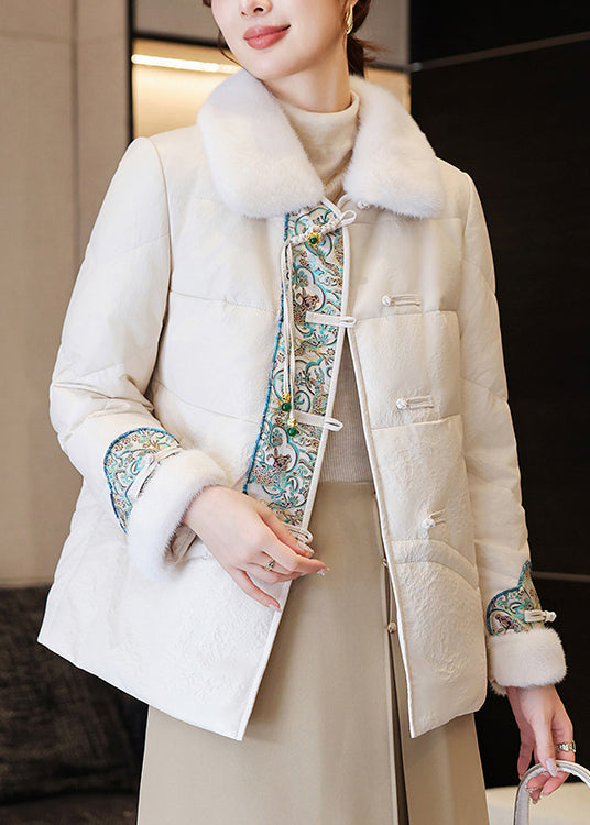 White Chinese Button Faux Leather Down Coats Fur Collar Winter RZ024 ABC