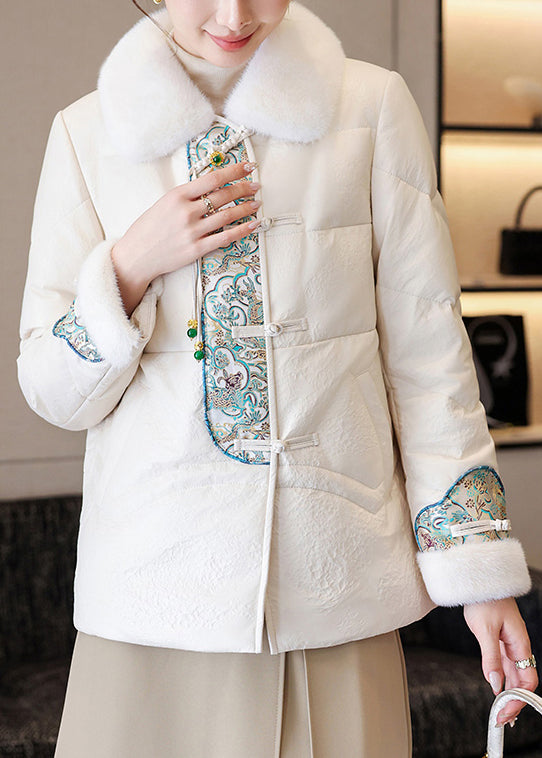 White Chinese Button Faux Leather Down Coats Fur Collar Winter RZ024 ABC