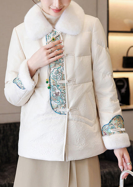 White Chinese Button Faux Leather Down Coats Fur Collar Winter RZ024 ABC