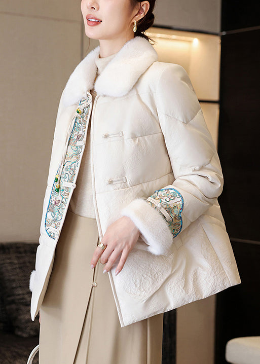 White Chinese Button Faux Leather Down Coats Fur Collar Winter RZ024 ABC