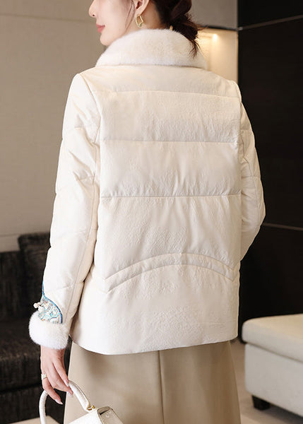 White Chinese Button Faux Leather Down Coats Fur Collar Winter RZ024 ABC