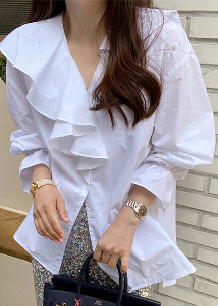 Ruffles Blouse Tops Fall White Asymmetrical Cotton FashionChic