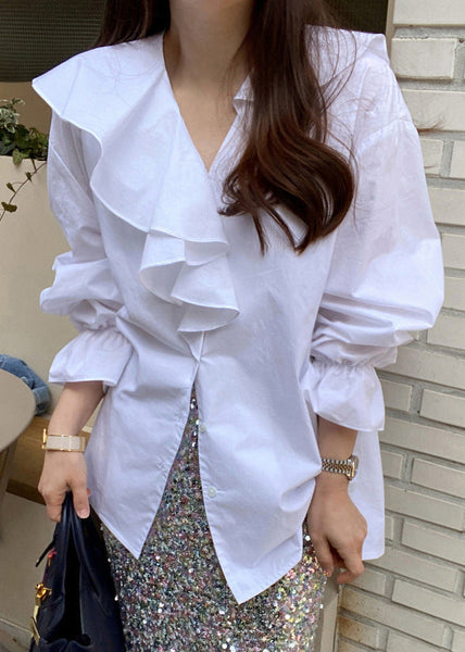 Ruffles Blouse Tops Fall White Asymmetrical Cotton FashionChic