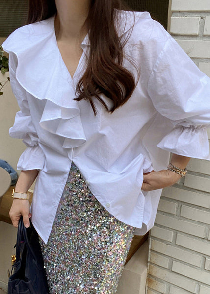 Ruffles Blouse Tops Fall White Asymmetrical Cotton FashionChic
