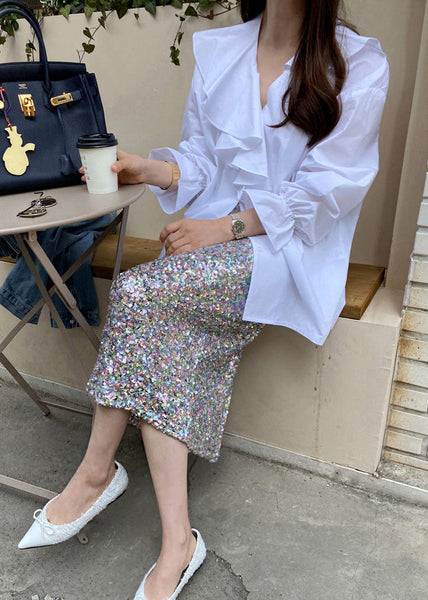 Ruffles Blouse Tops Fall White Asymmetrical Cotton FashionChic