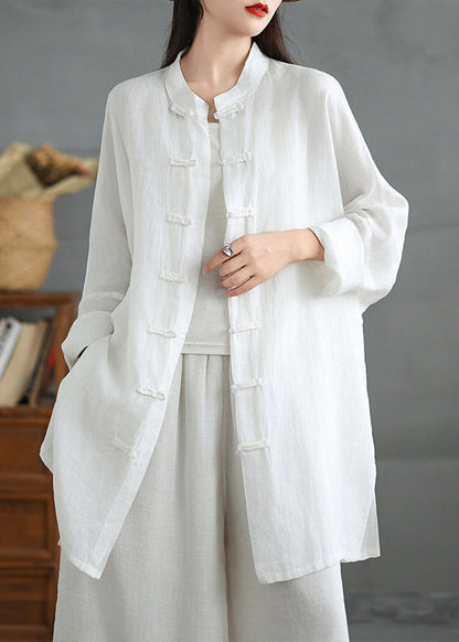 White Cotton Shirt Top Stand Collar Chinese Button Spring TJ033