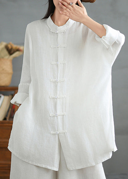 White Cotton Shirt Top Stand Collar Chinese Button Spring TJ033