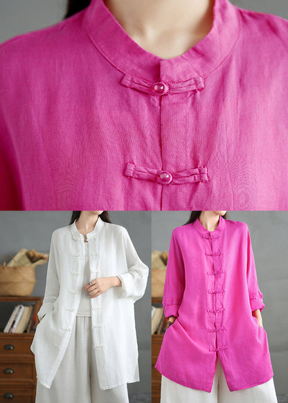 White Cotton Shirt Top Stand Collar Chinese Button Spring TJ033