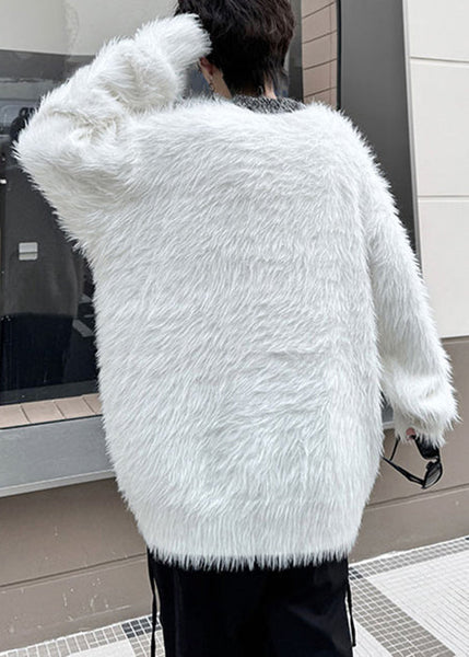 White Cozy Loose Mink Velvet Winter Mens Sweaters O Neck RC022 ABC