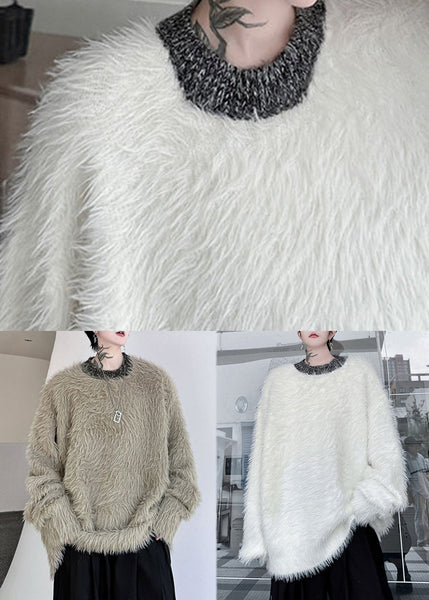 White Cozy Loose Mink Velvet Winter Mens Sweaters O Neck RC022 ABC