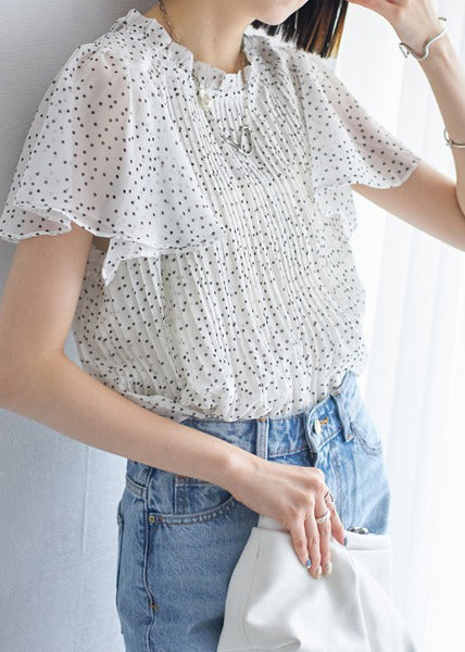 Top White Cloak Sleeves Dot Oversized Chiffon Wrinkled FashionChic