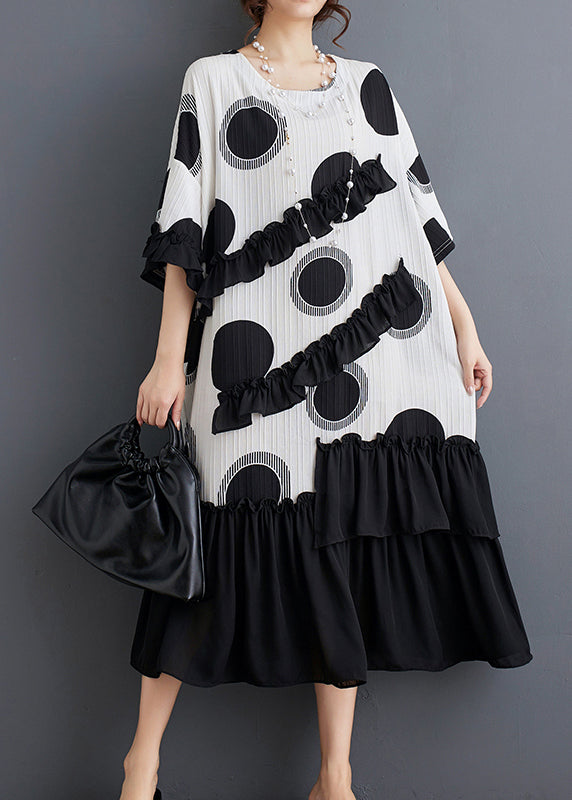 White Dot Print Patchwork Loose Chiffon Dress Ruffled Summer AP005 GK-SDL240718