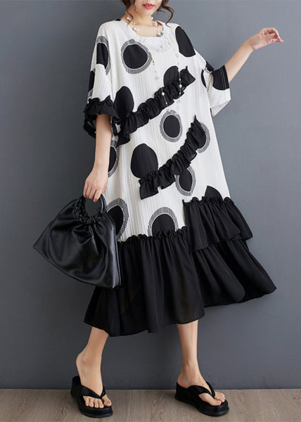 White Dot Print Patchwork Loose Chiffon Dress Ruffled Summer AP005 GK-SDL240718