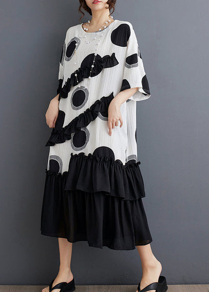 White Dot Print Patchwork Loose Chiffon Dress Ruffled Summer AP005 GK-SDL240718