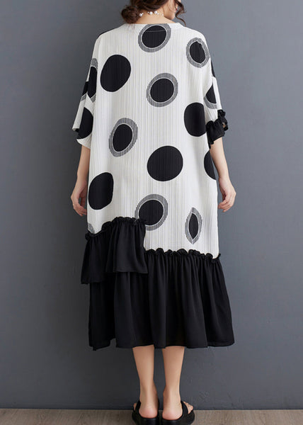 White Dot Print Patchwork Loose Chiffon Dress Ruffled Summer AP005 GK-SDL240718