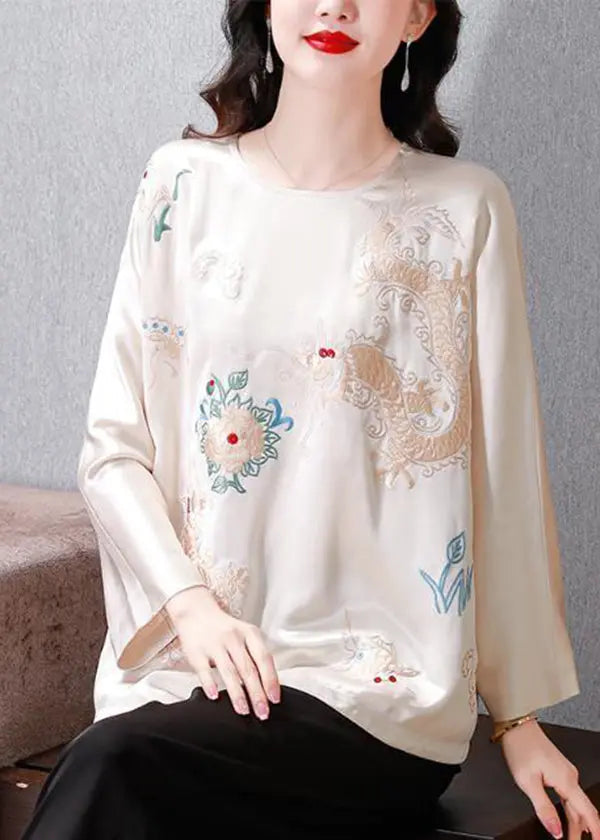 White Draping Silk Blouses Embroidered Spring Ada Fashion