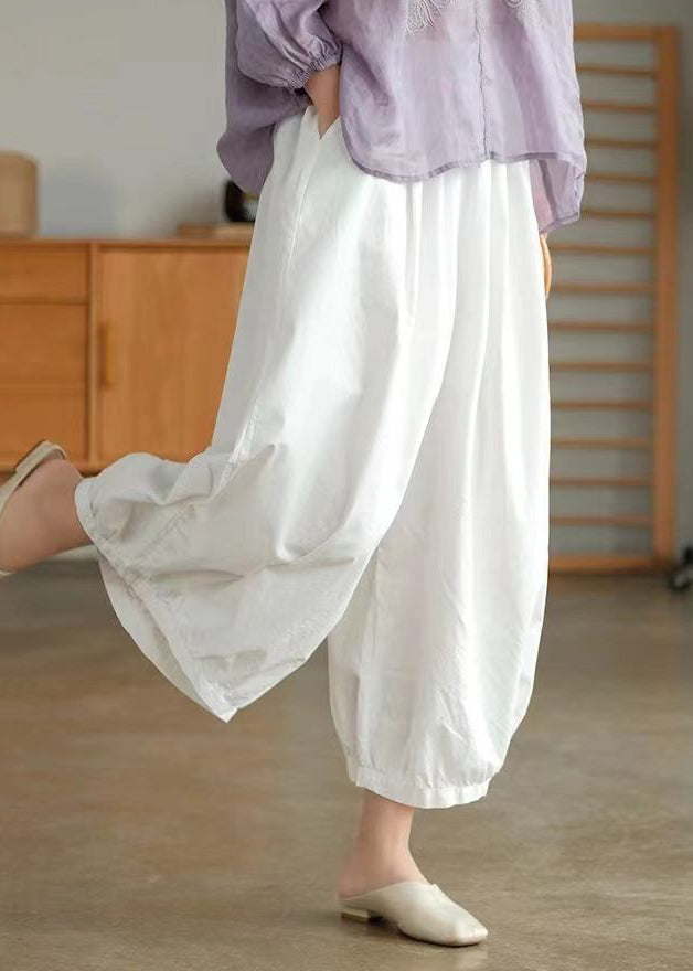 White Elastic Waist Cotton Crop Wide Leg Pants BV074 MZF-CPTS240702