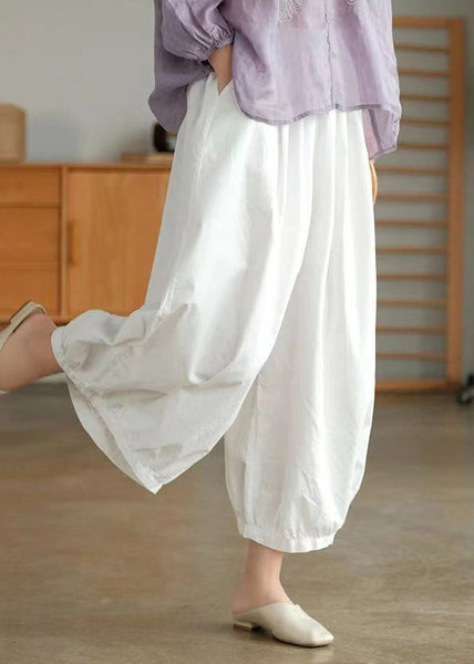White Elastic Waist Cotton Crop Wide Leg Pants BV074 MZF-CPTS240702