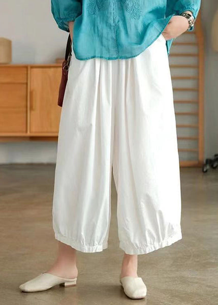 White Elastic Waist Cotton Crop Wide Leg Pants BV074 MZF-CPTS240702