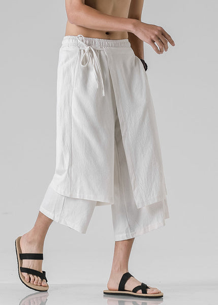 White Elastic Waist Men Crop Straight Pants YT089 Men-Silk-MENCP240721