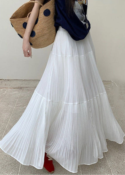 White Solid Maxi Elastic Wrinkled Chiffon Skirts Waist FashionChic