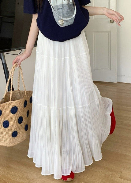 White Solid Maxi Elastic Wrinkled Chiffon Skirts Waist FashionChic