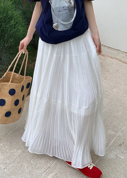 White Solid Maxi Elastic Wrinkled Chiffon Skirts Waist FashionChic