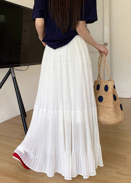 White Solid Maxi Elastic Wrinkled Chiffon Skirts Waist FashionChic