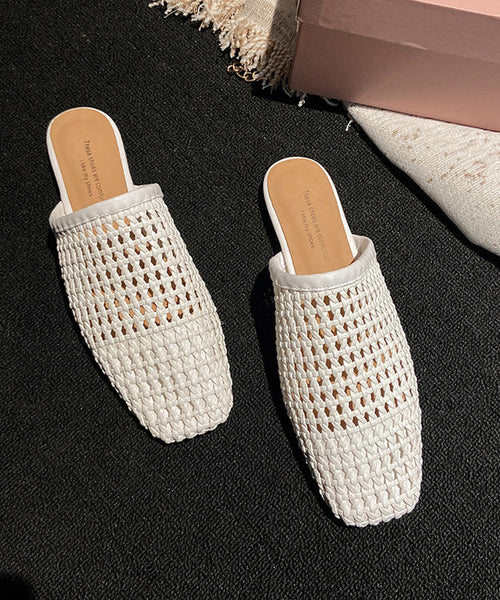 Hollow Slide Out White Sandals Leather Boutique Faux Weave FashionChic