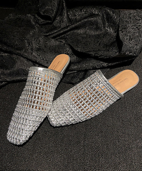 Hollow Slide Out White Sandals Leather Boutique Faux Weave FashionChic
