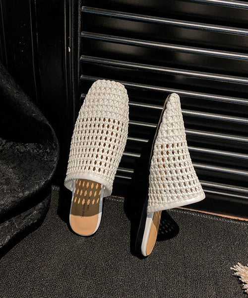 Hollow Slide Out White Sandals Leather Boutique Faux Weave FashionChic