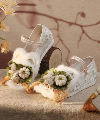 White Fur Splicing Embroidery Wedge High Wedge Heels Shoes TQ063 ABC