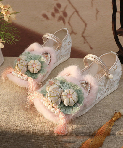 White Fur Splicing Embroidery Wedge High Wedge Heels Shoes TQ063 ABC