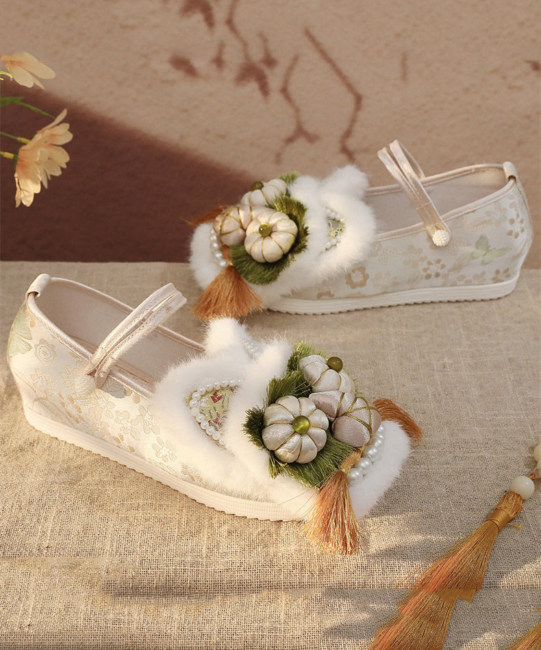 White Fur Splicing Embroidery Wedge High Wedge Heels Shoes TQ063 ABC