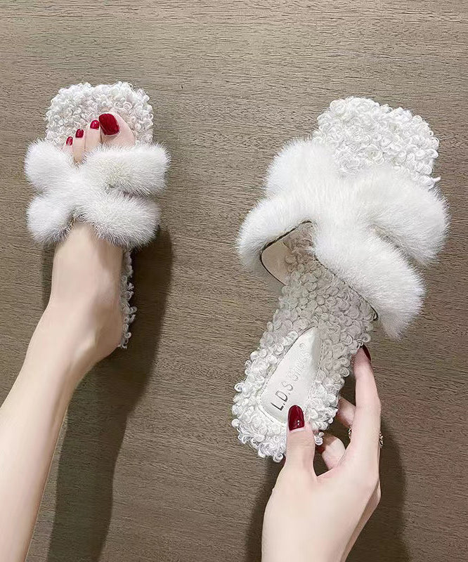 White Fuzzy Fur Stylish Splicing Slide Sandals Peep Toe WT002 shoe-LT241030