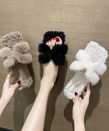 White Fuzzy Fur Stylish Splicing Slide Sandals Peep Toe WT002 shoe-LT241030