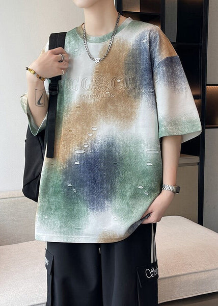 Tie Cotton Letter Dye Sleeve Shirts Half Men T White Hole FashionChic