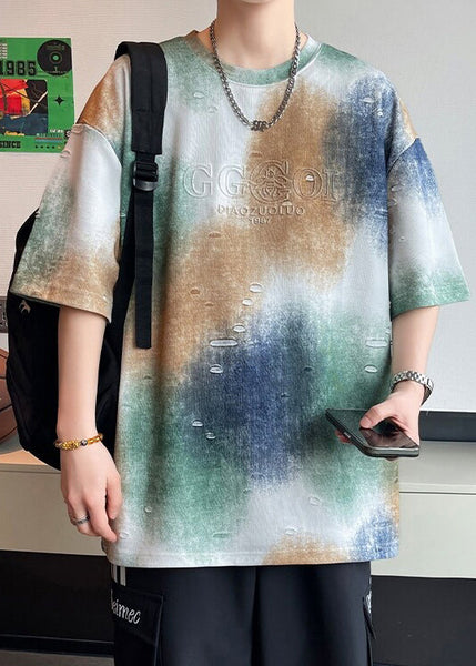 Tie Cotton Letter Dye Sleeve Shirts Half Men T White Hole FashionChic