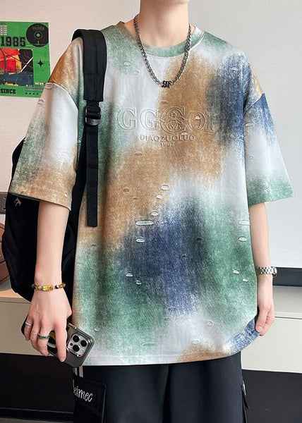 Tie Cotton Letter Dye Sleeve Shirts Half Men T White Hole FashionChic