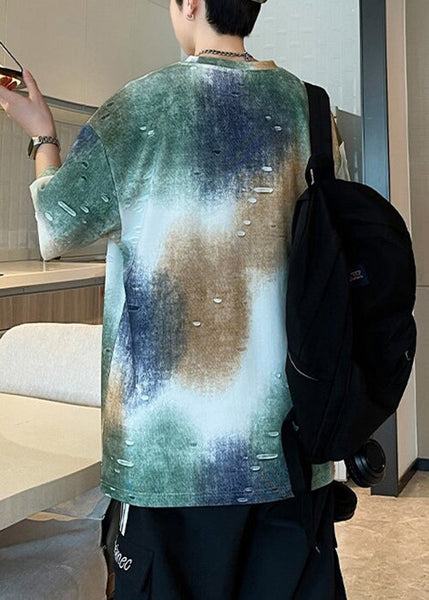 Tie Cotton Letter Dye Sleeve Shirts Half Men T White Hole FashionChic