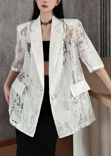 Half Notched Out White Coat Sleeve Cotton Hollow Button FashionChic