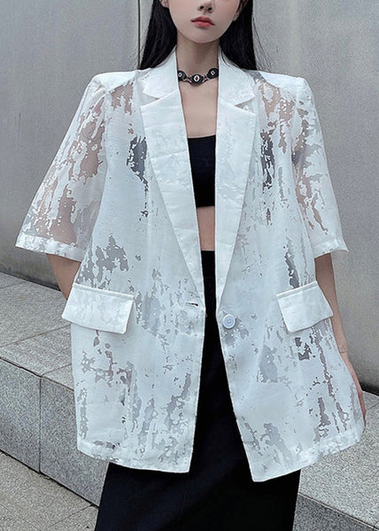 Half Notched Out White Coat Sleeve Cotton Hollow Button FashionChic