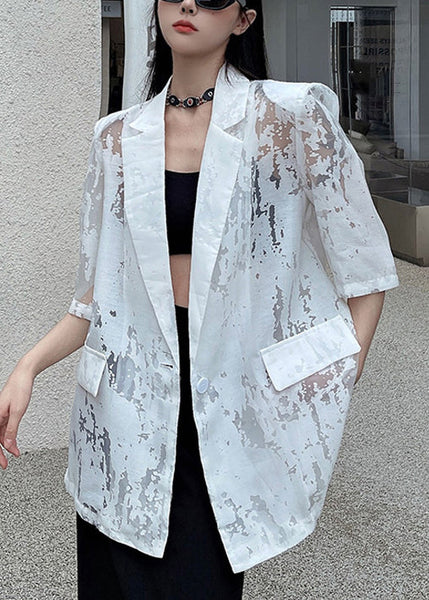 Half Notched Out White Coat Sleeve Cotton Hollow Button FashionChic